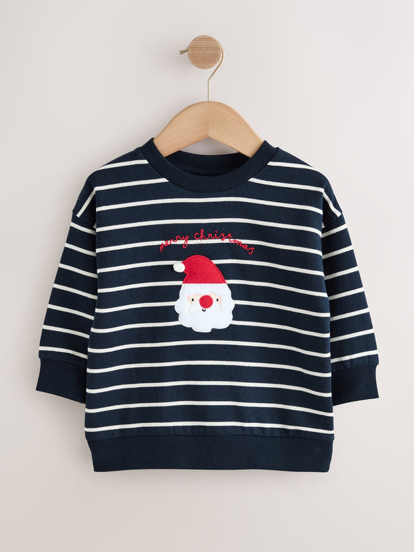 Navy Blue/Ecru Stripe Christmas Crew Neck Jersey Sweatshirt (3mths-7yrs)