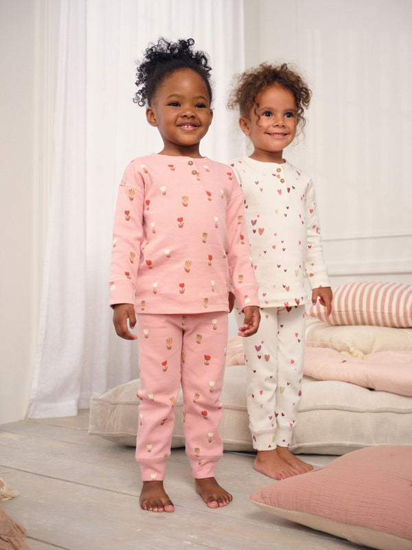 Ecru/Pink Hearts Waffle Pyjamas 2 Pack (9mths-12yrs)
