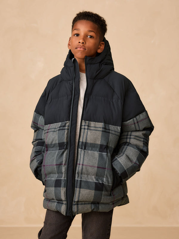 Black Check Shower Resistant Microfleece Lined Padded Coat (3-17yrs)
