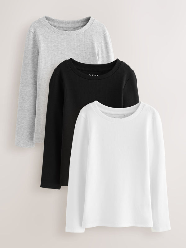 Black/White Long Sleeve Ribbed Tops 3 Pack (3-16yrs)