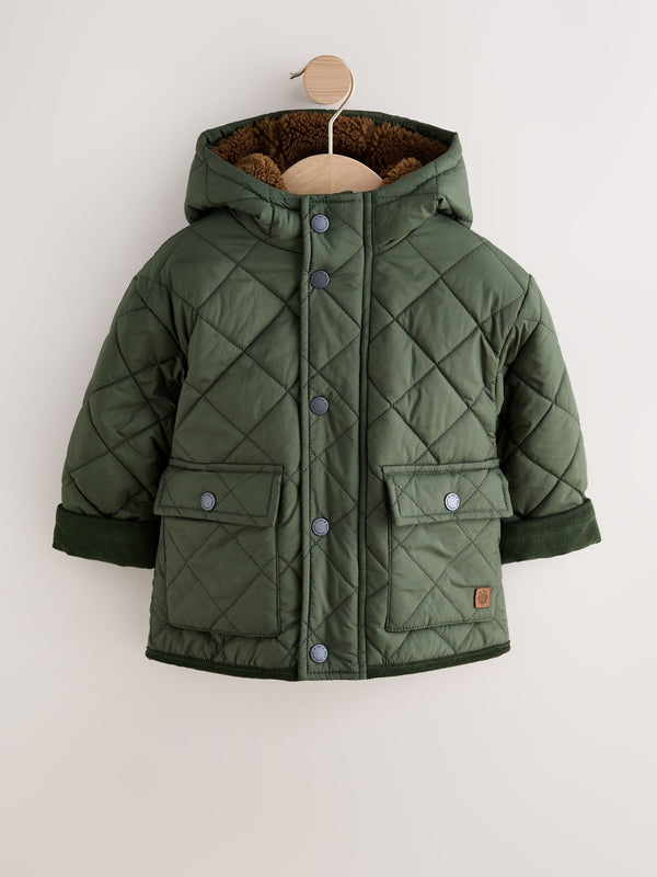 Khaki Green Borg Lined Quilted Coat (3mths-7yrs)