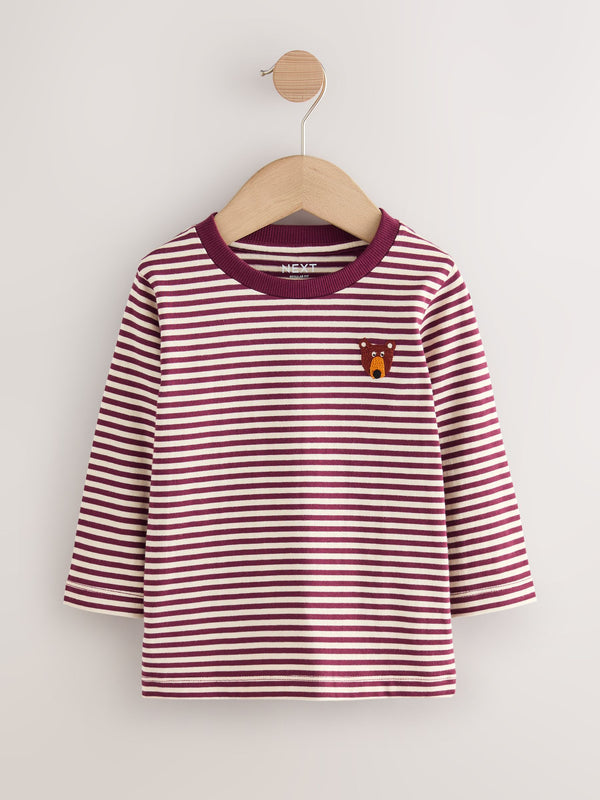 Berry Red Stripe Bear Long Sleeve Appliqué T-Shirt (3mths-7yrs)