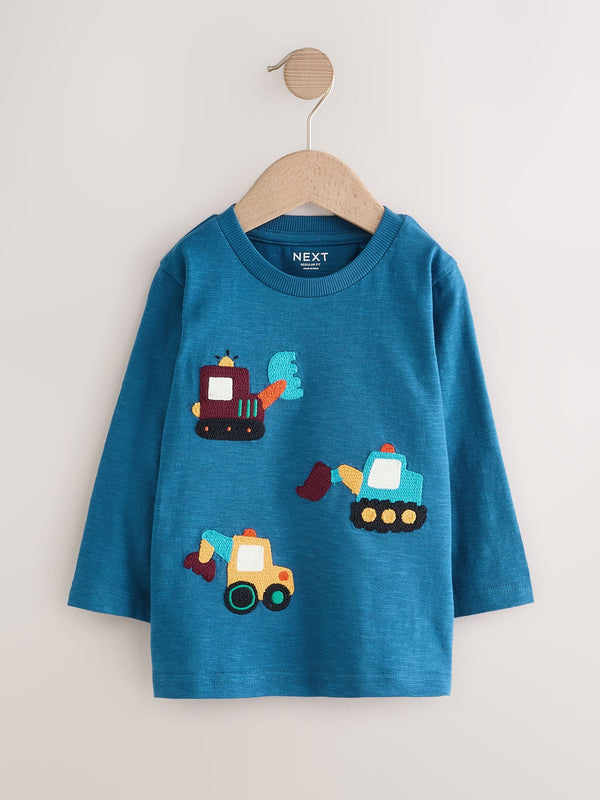 Blue Transport Diggers Long Sleeve Appliqué T-Shirt (3mths-7yrs)