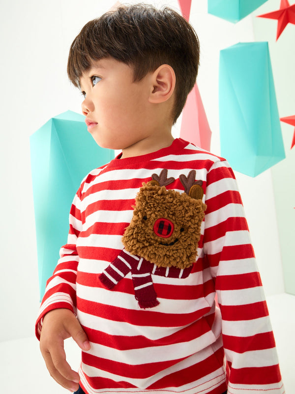 White/Red Reindeer Pocket Christmas Long Sleeve T-Shirt (3mths-7yrs)