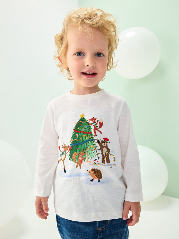 White Graphic Print Embroidered Christmas Long Sleeve T-Shirt (3mths-7yrs)