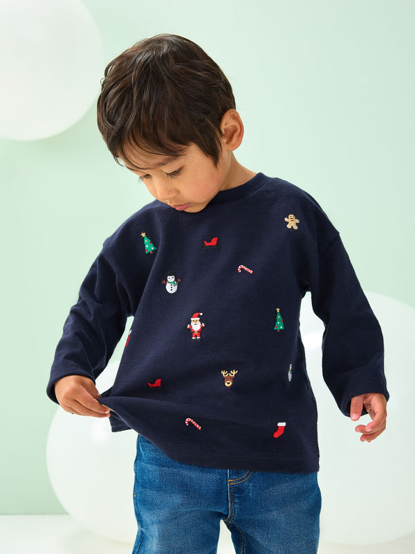 Navy All-Over Embroidered Christmas Long Sleeve T-Shirt (3mths-7yrs)