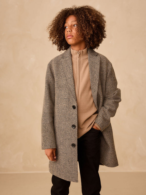 Neutral/Black Herringbone Overcoat (3-16yrs)