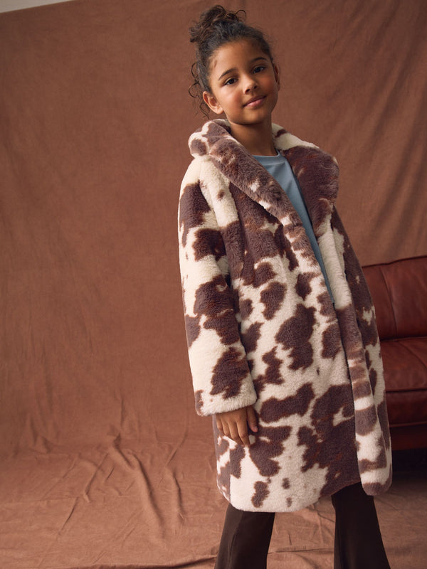 Cow Print Faux Fur Longer Length Coat (3-16yrs)