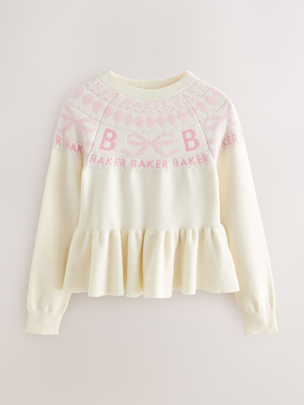 Baker by Ted Baker Cream Fairisle Pattern Knitted Peplum Hem Jumper