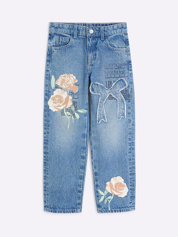 River Island Blue Blue Rose Graffiti Straight 100% Cotton Jeans