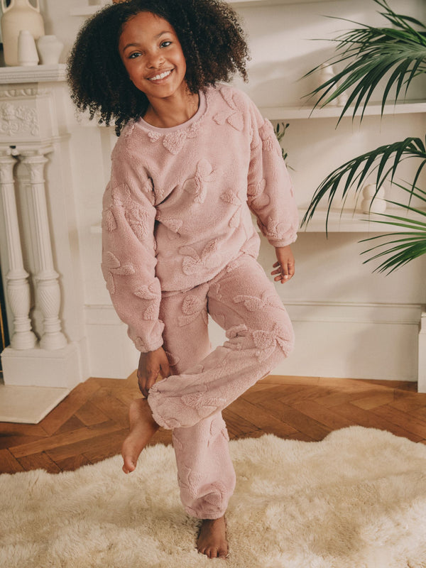 Pink Bow Fleece Jacquard Pyjamas Set  2 Piece (2-16yrs)