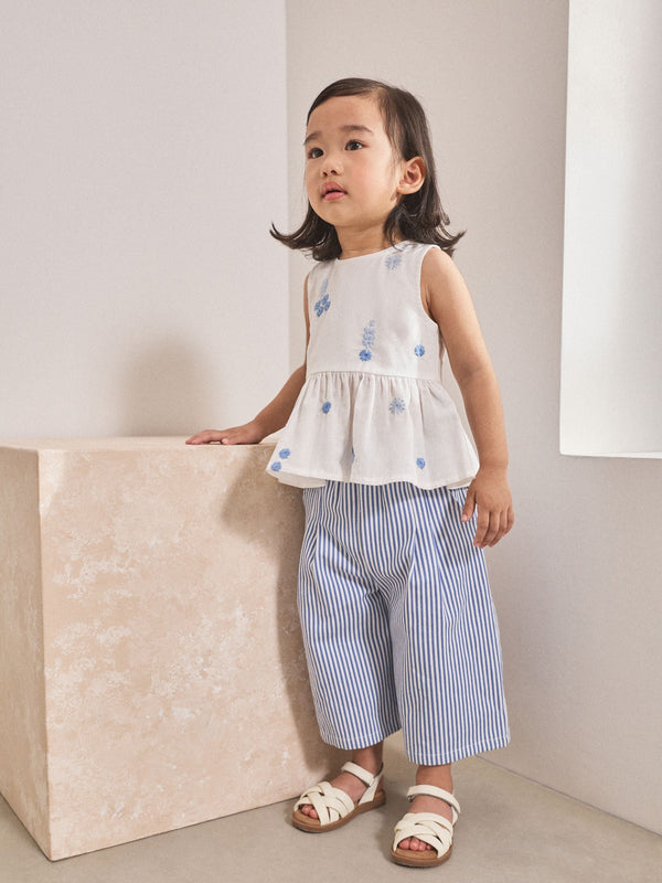 Blue/White Embroidered Blouse and Trousers Co-ord Set (3mths-8yrs)
