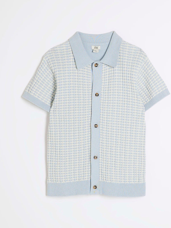 River Island Blue Textured Revere Knit Polo Shirt