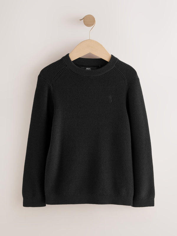 Black With Stag Cotton Crew Neck Knitted Jumper (3-16yrs)