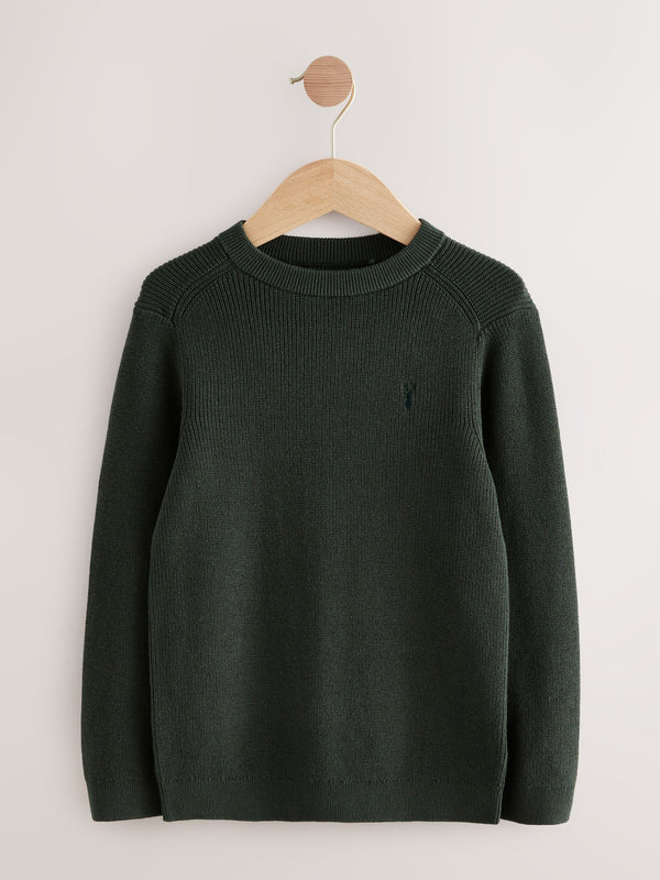 Dark Green With Stag Cotton Crew Neck Knitted Jumper (3-16yrs)