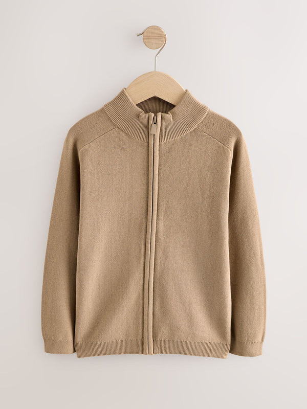 Tan Brown Zip Through Knitted Cardigan (3-16yrs)