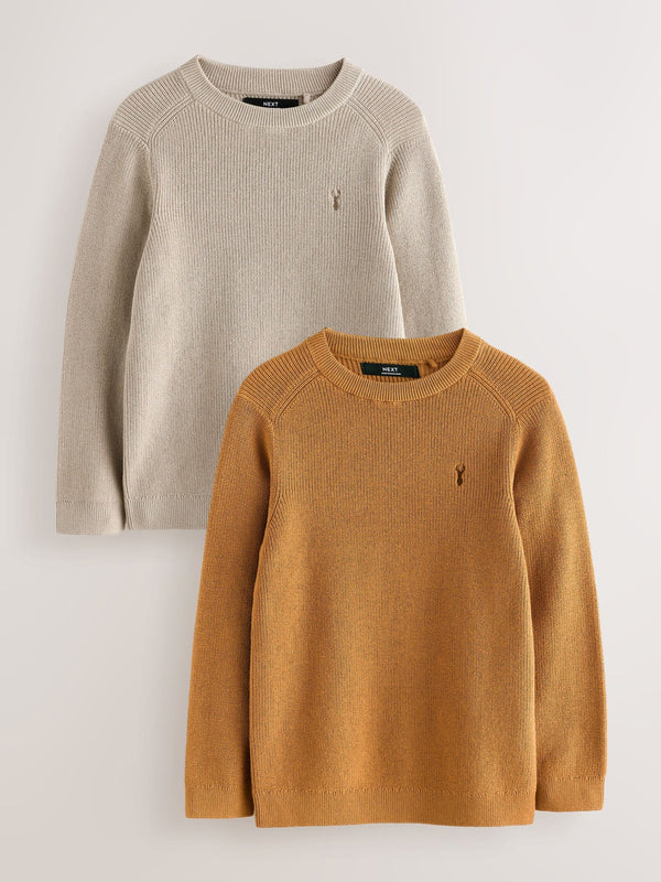 Neutral/Tan Brown Knitted Crew Neck Jumpers 2 Pack (3-16yrs)