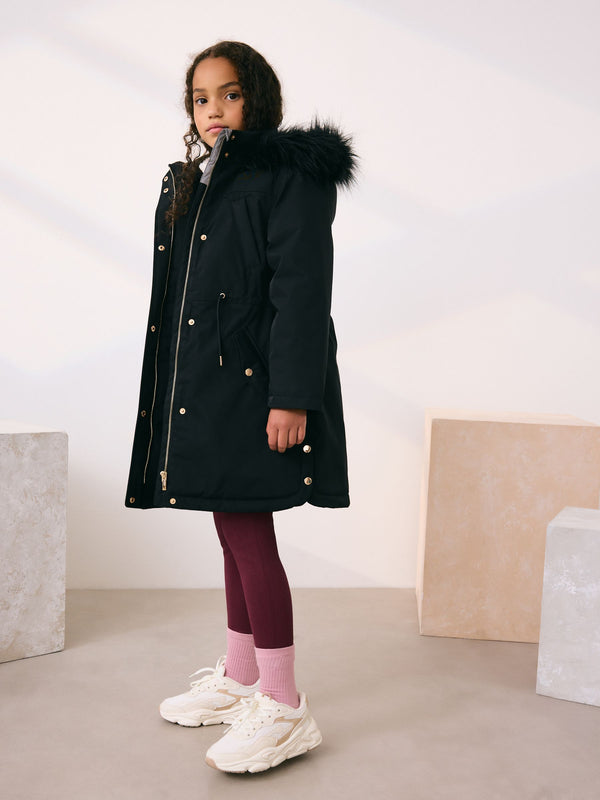 Black Waterproof Faux Trim Padded Parka (3-16yrs)