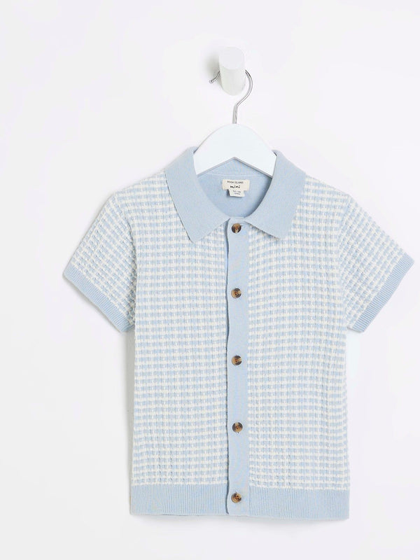River Island Blue Boys Textured Revere Knit 100% Cotton Polo Shirt