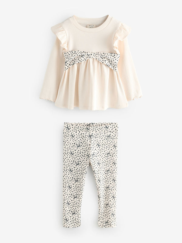 River Island Cream/Black Bow Rib Peplum Top Set