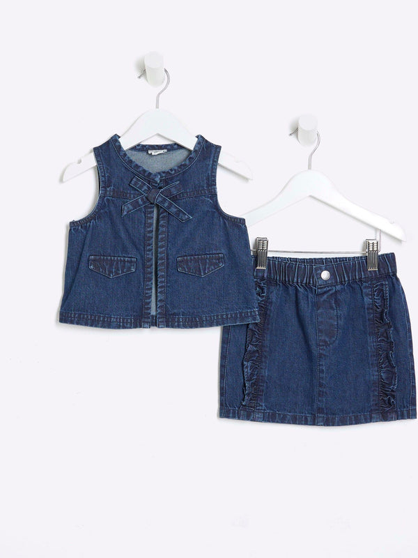 River Island Blue Denim 100% Cotton Gilet Skirt Set