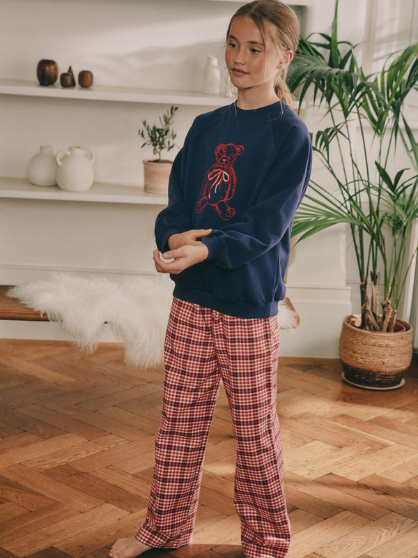 Navy/Red Check Bear Sweatshirt Pyjamas (2-16yrs)