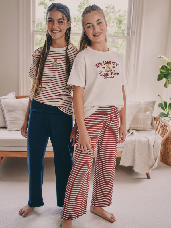 Burgundy/Ecru Stripe Bear Soft Folded Waistband Pyjamas 2 Pack (4-16yrs)