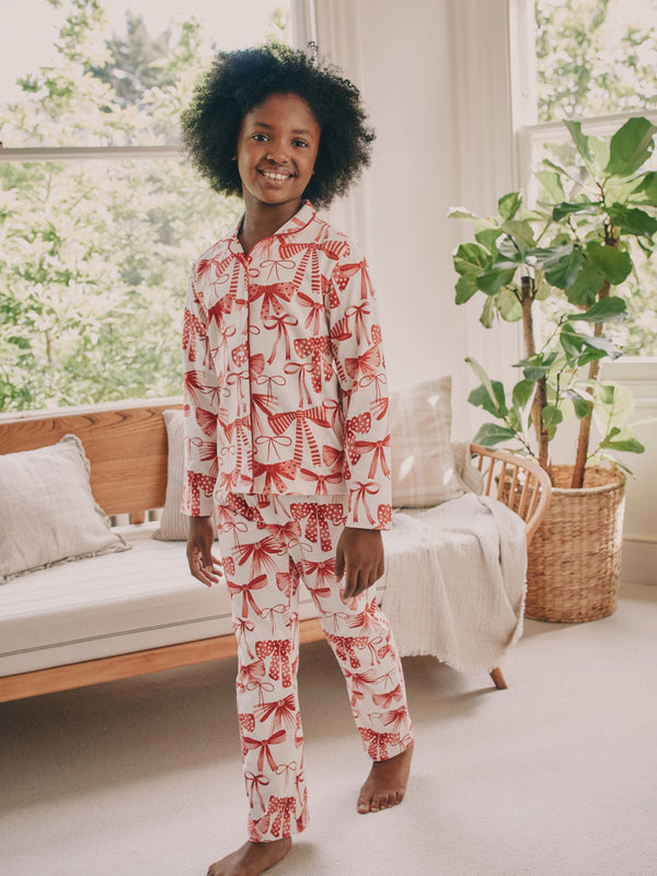 Red/White Bow Print Button Through Pyjamas (3-16yrs)