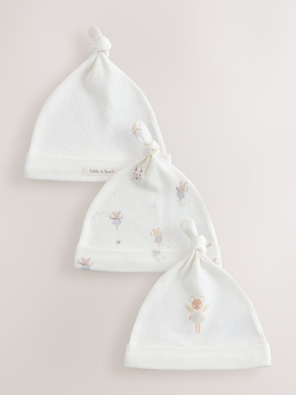 Ecru Fairy Mouse 3 Pack Tie Top Baby Beanies (0mths-2yrs)