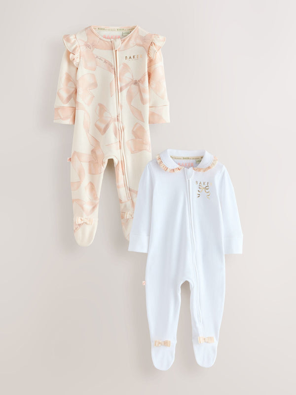 Baker by Ted Baker 2 Pack 100% Cotton Bow Printed Sleepsuits