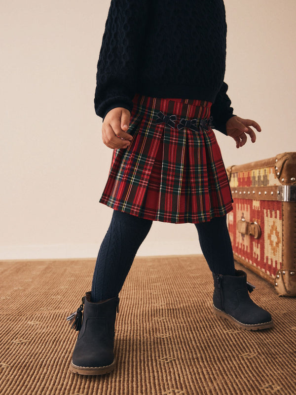 Red Tartan Bow Skirt with Navy Tights (3mths-7yrs)