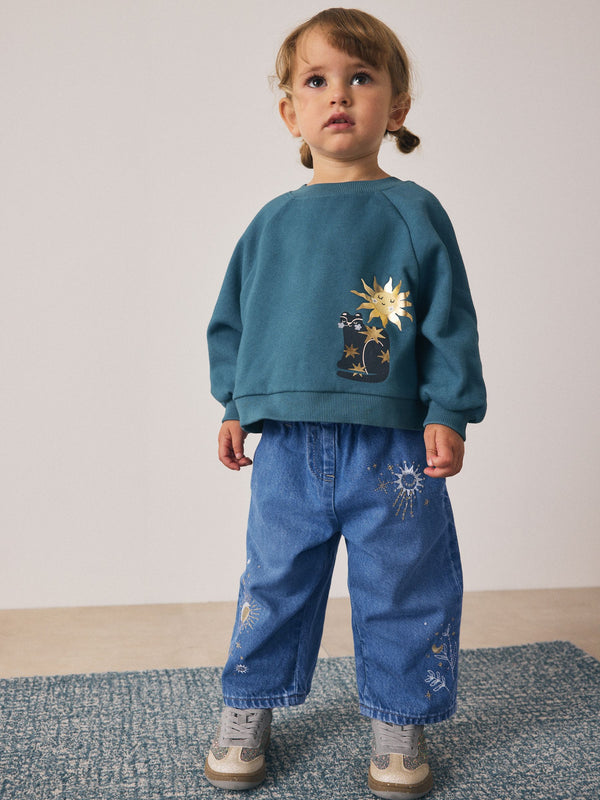 Mid Blue Embroidered Wide Leg Jeans (3mths-7yrs)