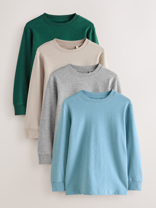 Blue/Green/Grey/Stone Plain Long Sleeve Cosy T-Shirts 4 Pack (3-16yrs)