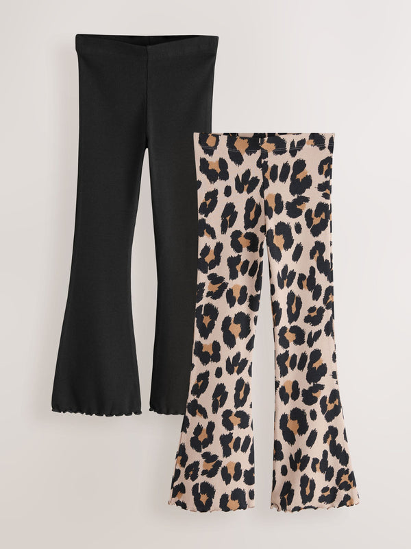 Black and Animal 2 Pack Rib Flare Leggings (3-16yrs)