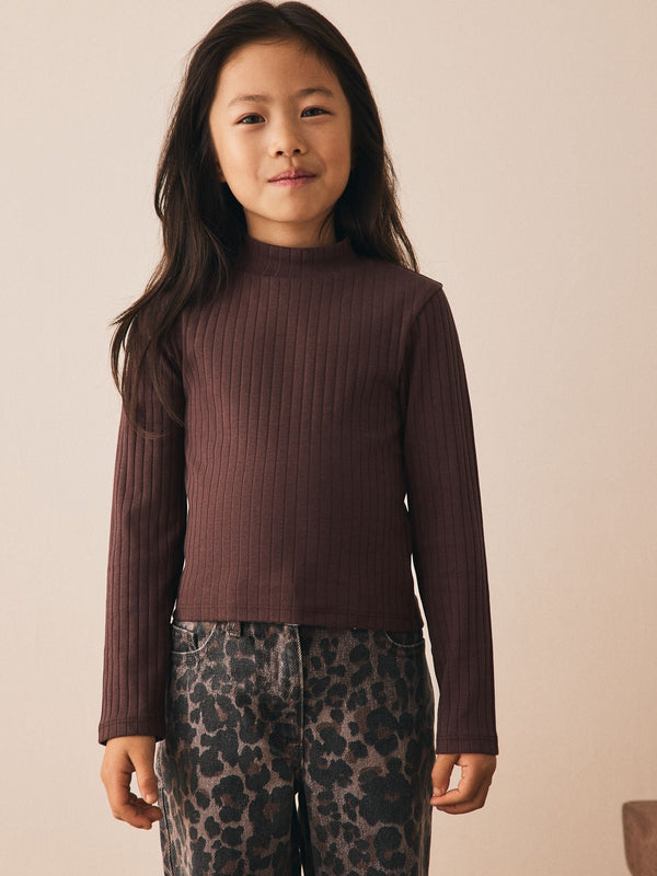 Chocolate Brown High Neck Long Sleeve Top (3-16yrs)