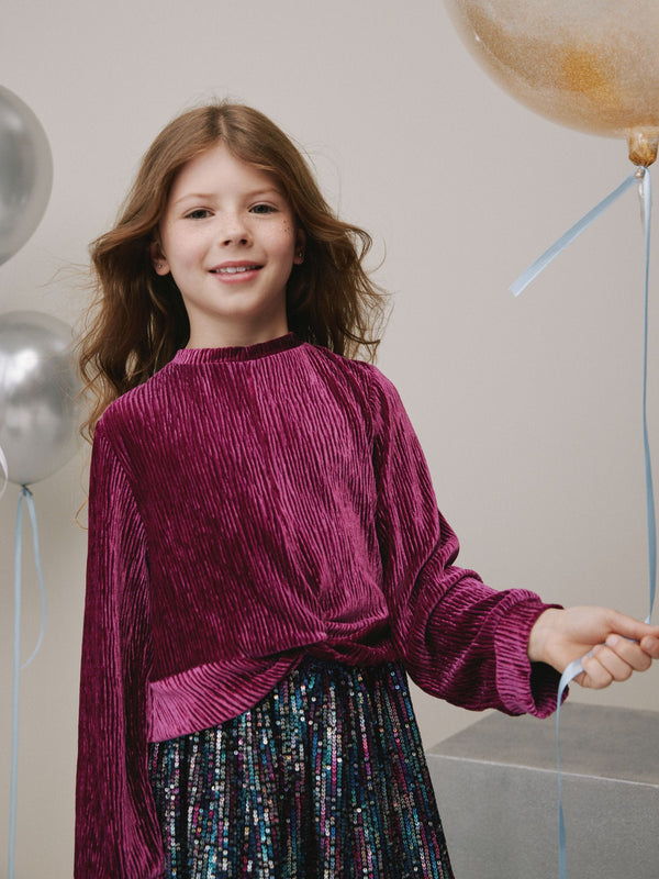 Burgundy Red Textured Velour Wrap Front Top (3-16yrs)