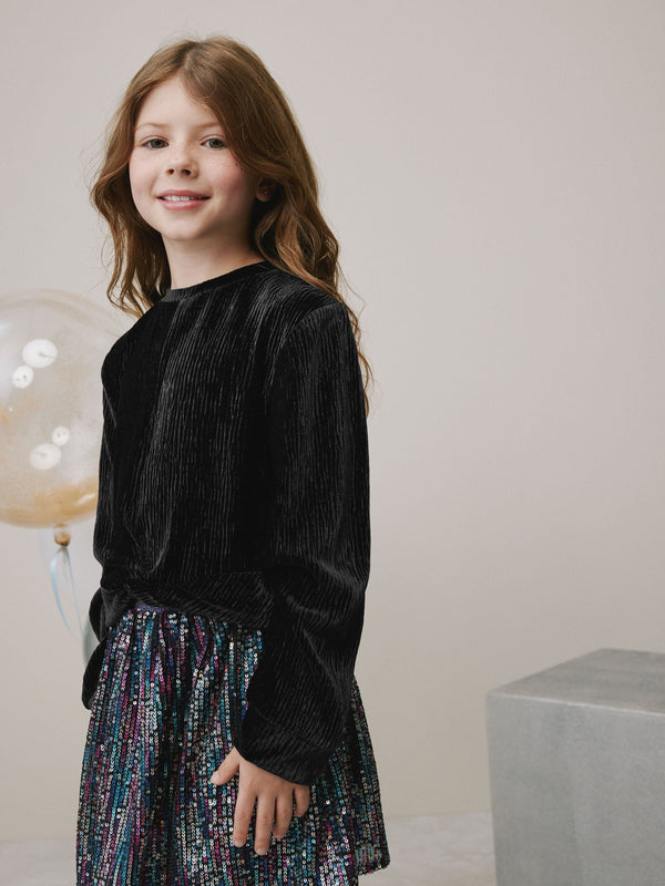 Black Textured Velour Wrap Front Top (3-16yrs)