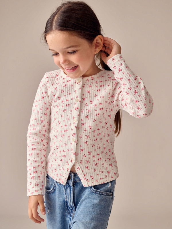 Ecru Floral Long Sleeve Ribbed Cardigan (3-16yrs)