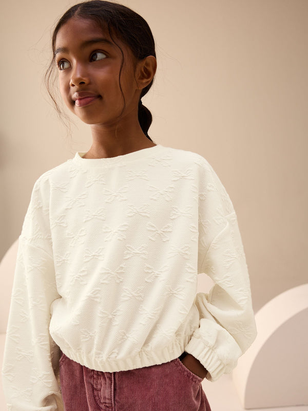 Ecru White Textured Bow Long Sleeve Top (3-16yrs)