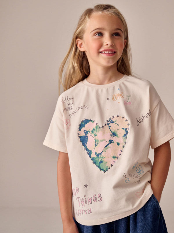 Ecru Heart Oversized Graphic Print T-Shirt (3-16yrs)