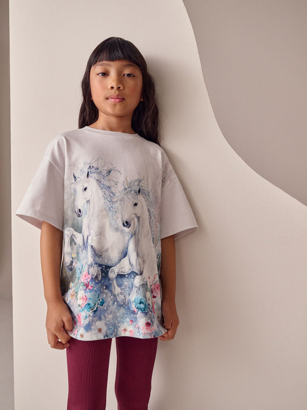 White Horses Oversized Graphic Print T-Shirt (3-16yrs)
