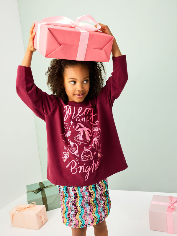 Burgundy Red Christmas Long Sleeve Top (3-16yrs)