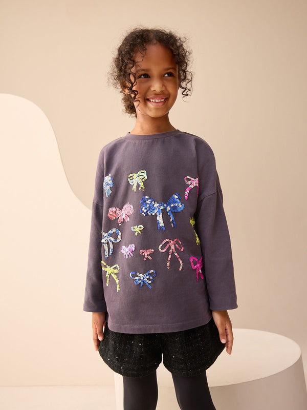 Black Bow Sequin Long Sleeve Top (3-16yrs)