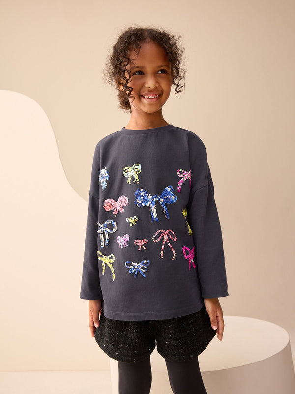 Charcoal Grey Bow Sequin Long Sleeve Top (3-16yrs)