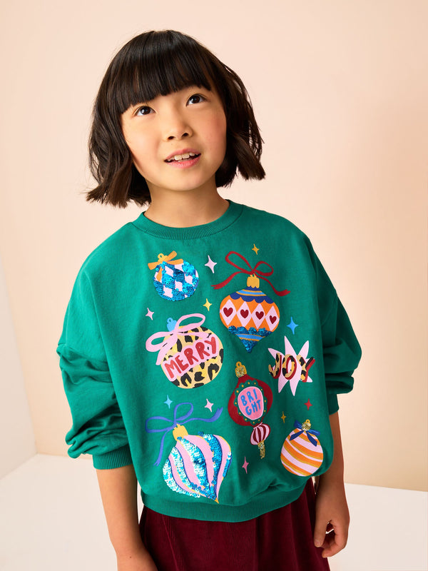 Green Bauble Sequin Long Sleeve Sweat Top (3-16yrs)