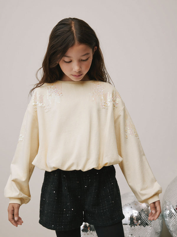 Cream Long Sleeve Sequin Bubble Hem Sweat Top (3-16yrs)
