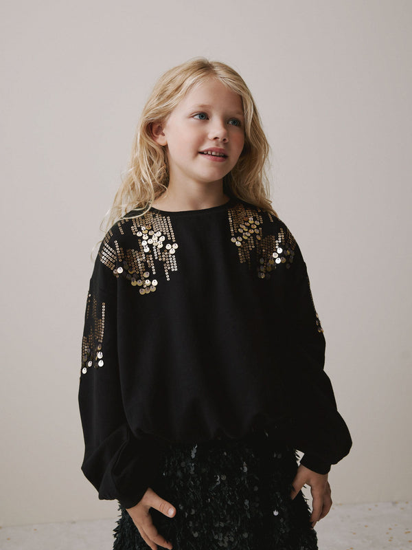 Black Long Sleeve Sequin Bubble Hem Sweat Top (3-16yrs)