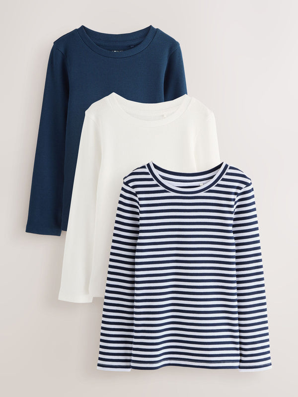 Navy/White Stripe Long Sleeve Ribbed Tops 3 Pack (3-16yrs)