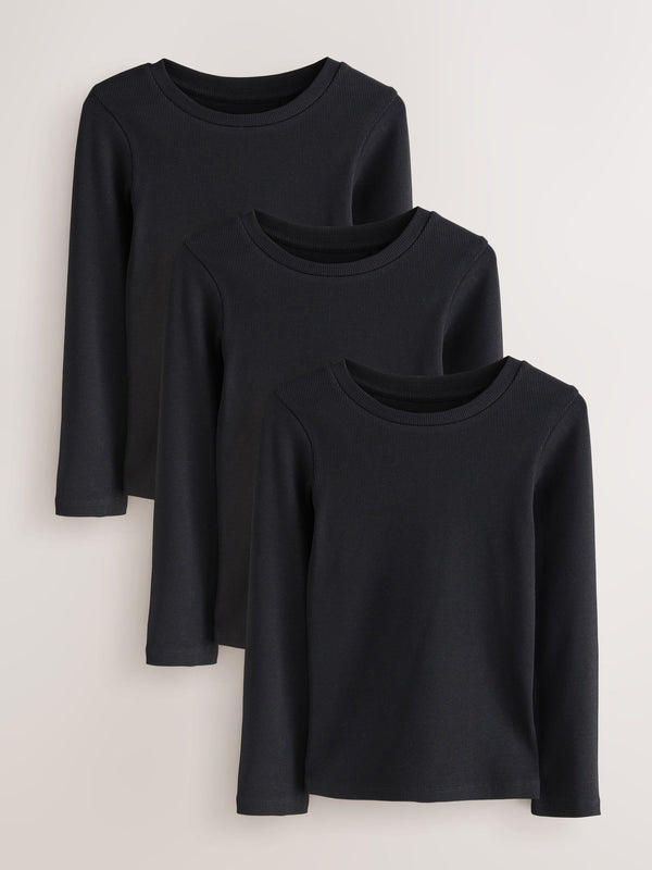 Black Long Sleeve Ribbed Tops 3 Pack (3-16yrs)