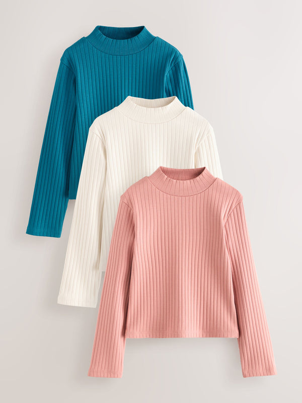 Multi Plain High Neck Ribbed Tops 3 Pack (3-16yrs)